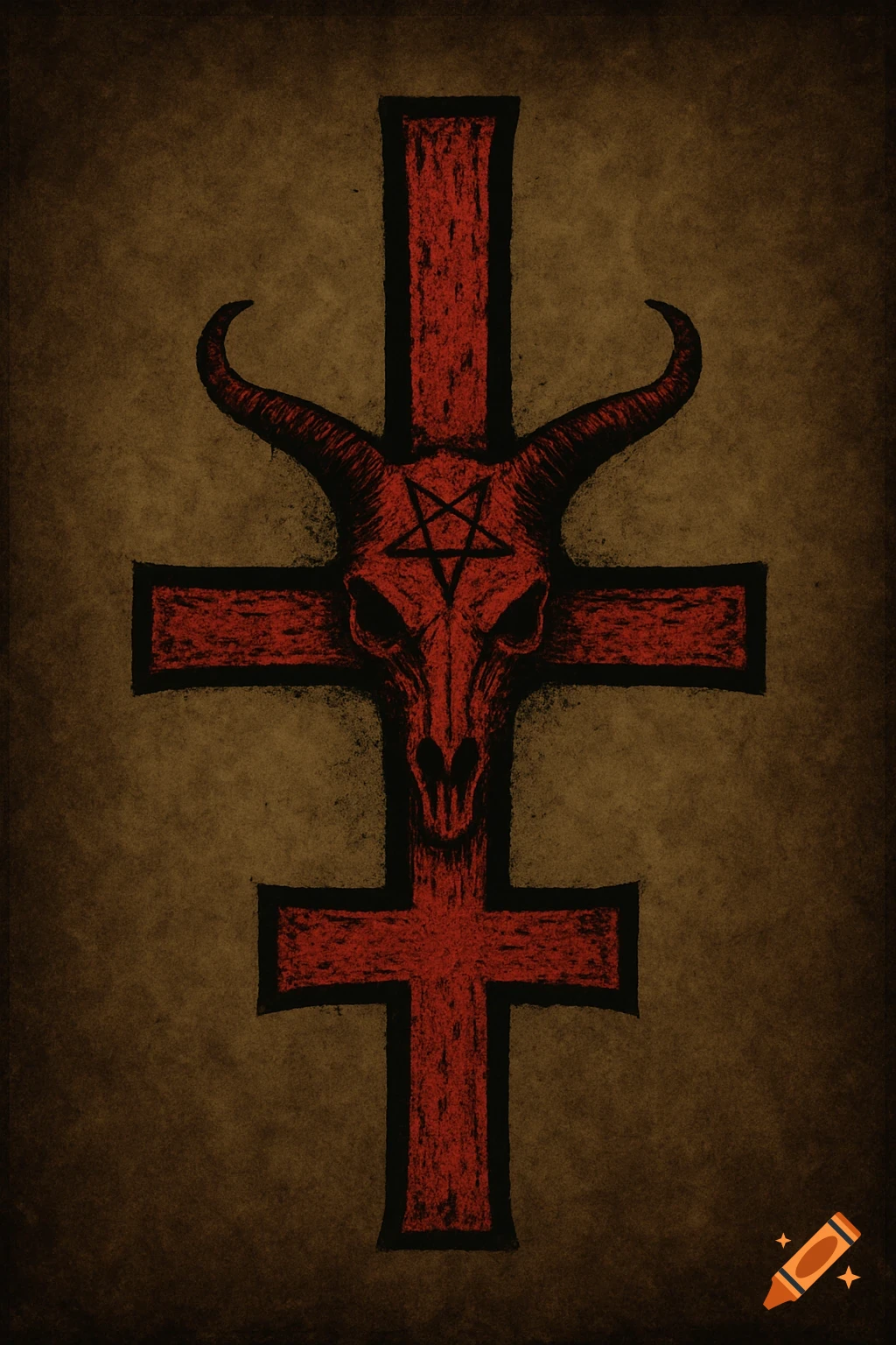 An inverted red cross with a goat skull and pentagram, rendered in a textured style on dark paper.