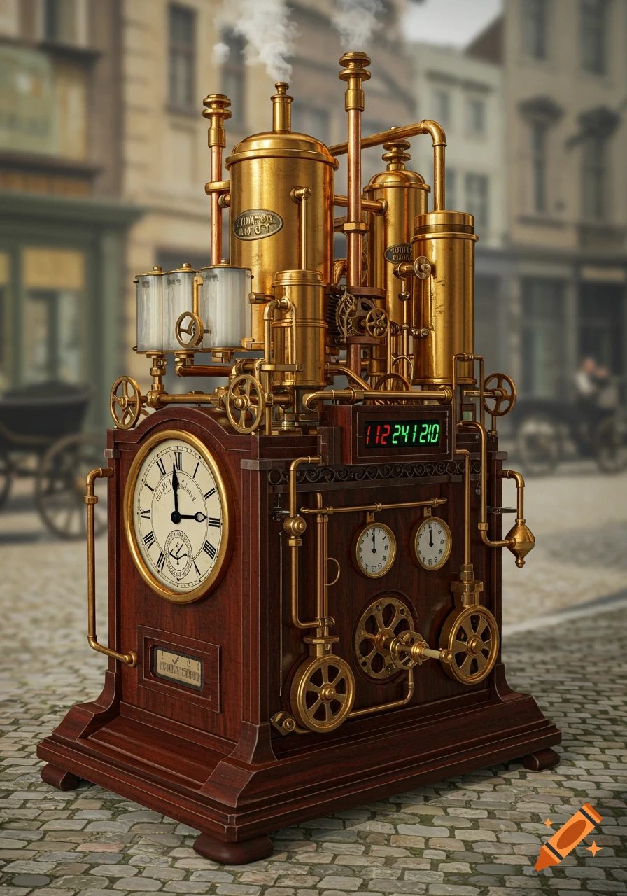 Ornate steampunk clock contraption with brass pipes and gears on a cobblestone street.