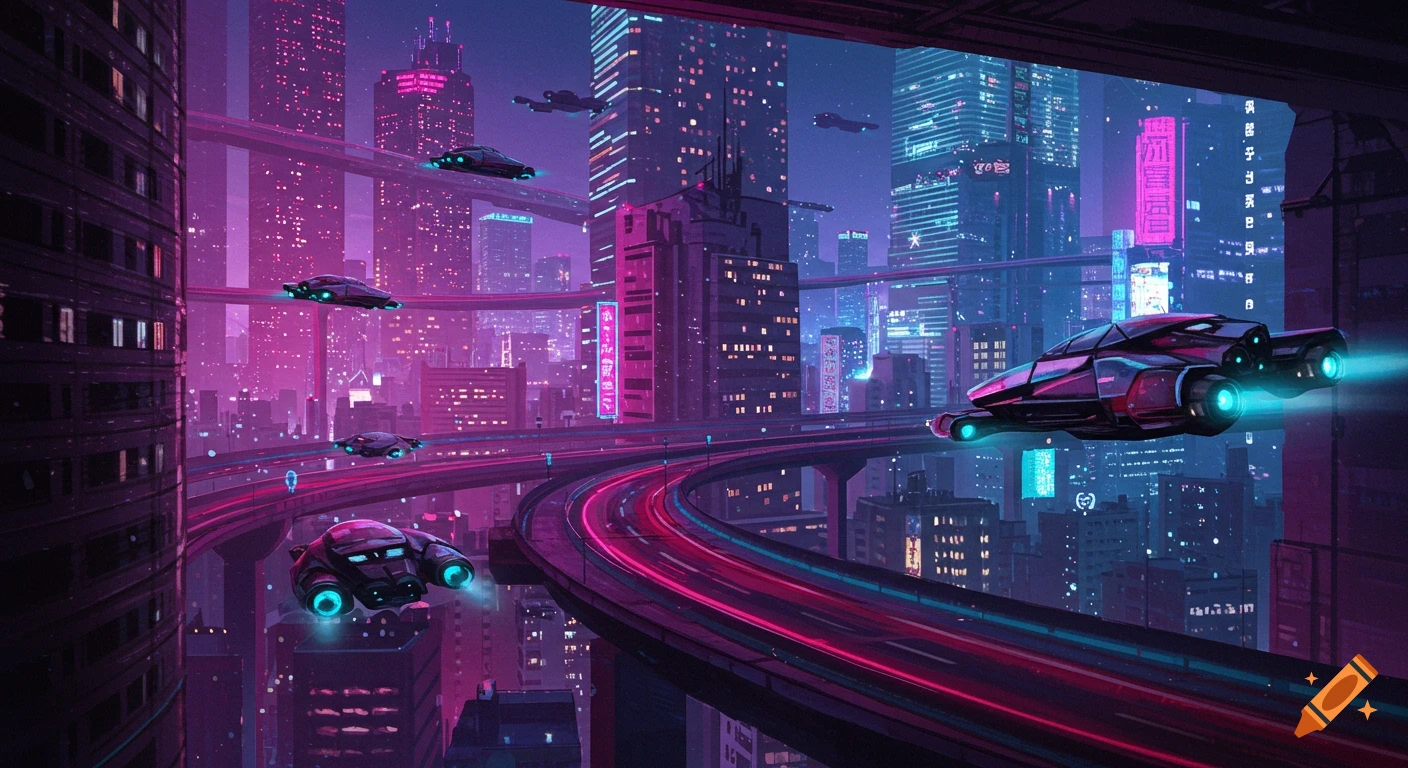 Cyberpunk city skyline with flying cars on elevated roads, neon lights ...