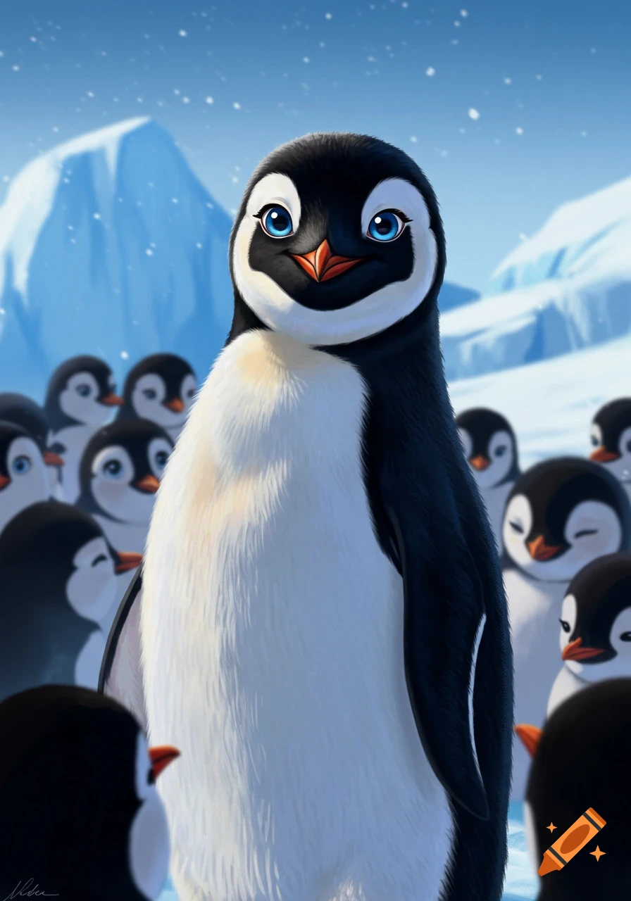 A handsome cartoon penguin stands among other penguins on the ice.