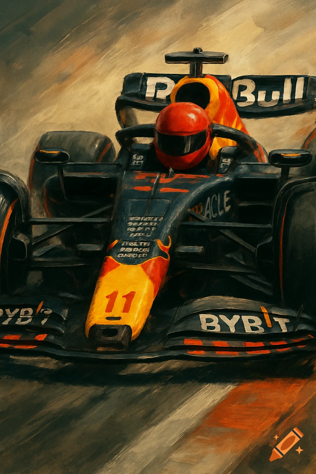A Formula 1 race car with the number 11 on the front, in a painted style.