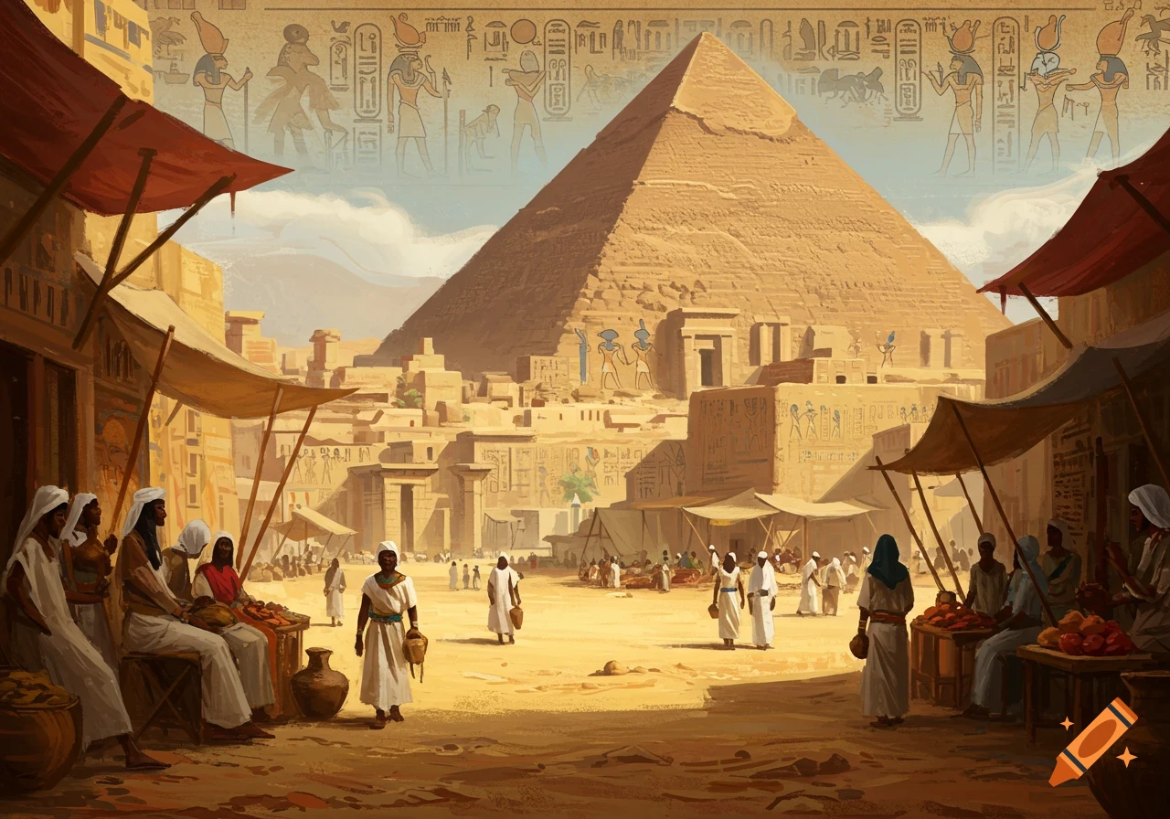 Ancient Egyptian marketplace with stalls, people, and a large pyramid under a hieroglyph-filled sky, digital illustration.