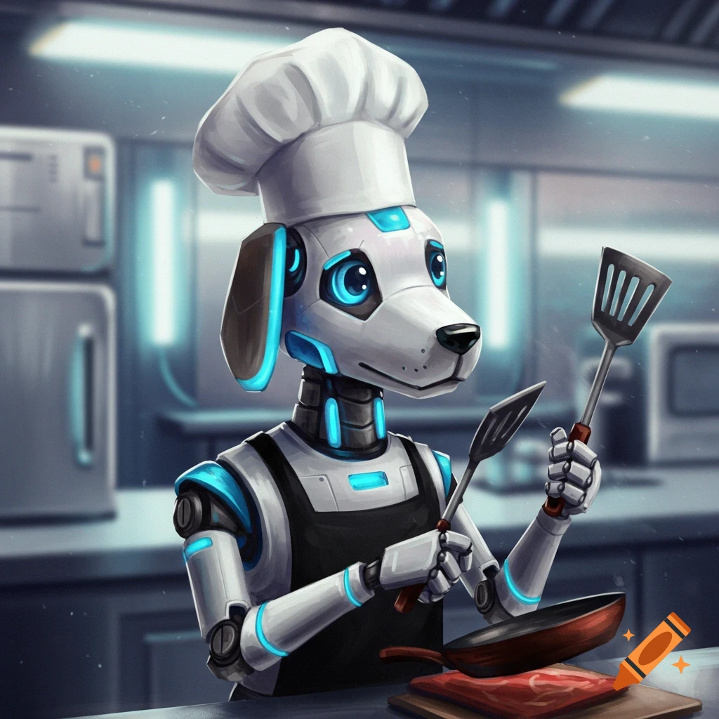 A robot dog wearing a chef's hat and apron holds a spatula and pan in a kitchen.