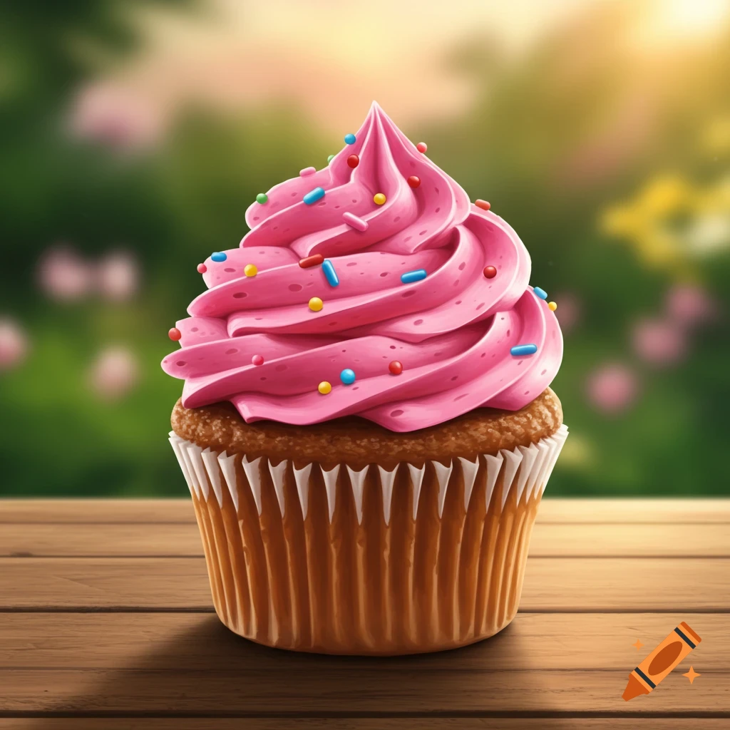 Close-up of a cupcake with pink frosting and sprinkles on a wooden table outdoors
