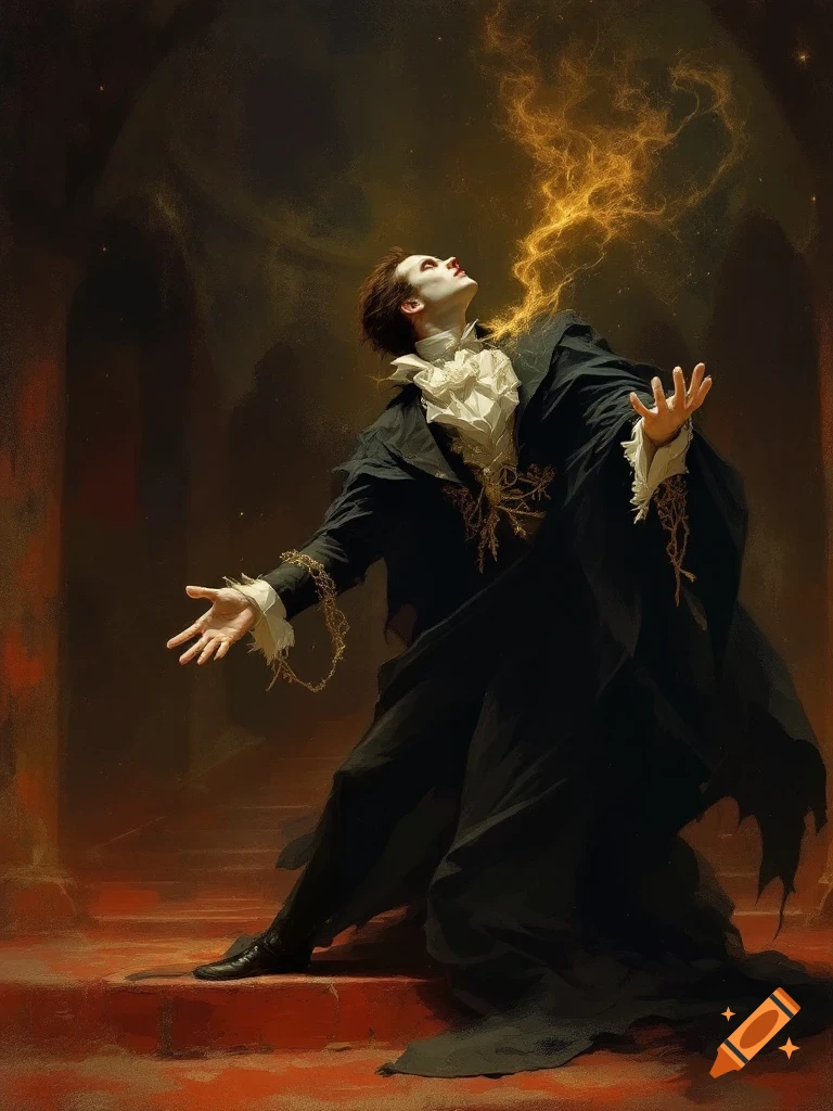 Dramatic painting of a figure in gothic attire on steps emitting golden energy from mouth