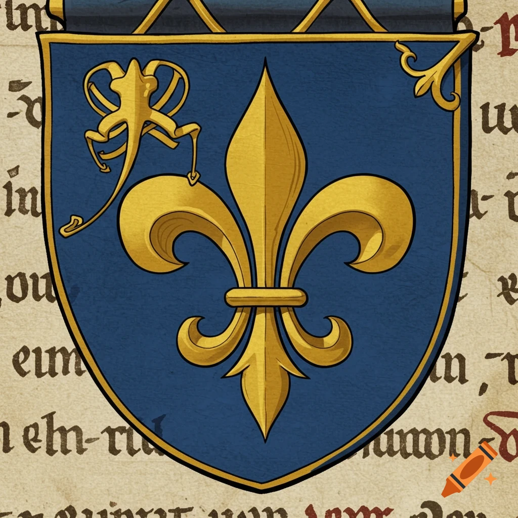 Blue shield with a gold fleur-de-lis over a parchment background with text.