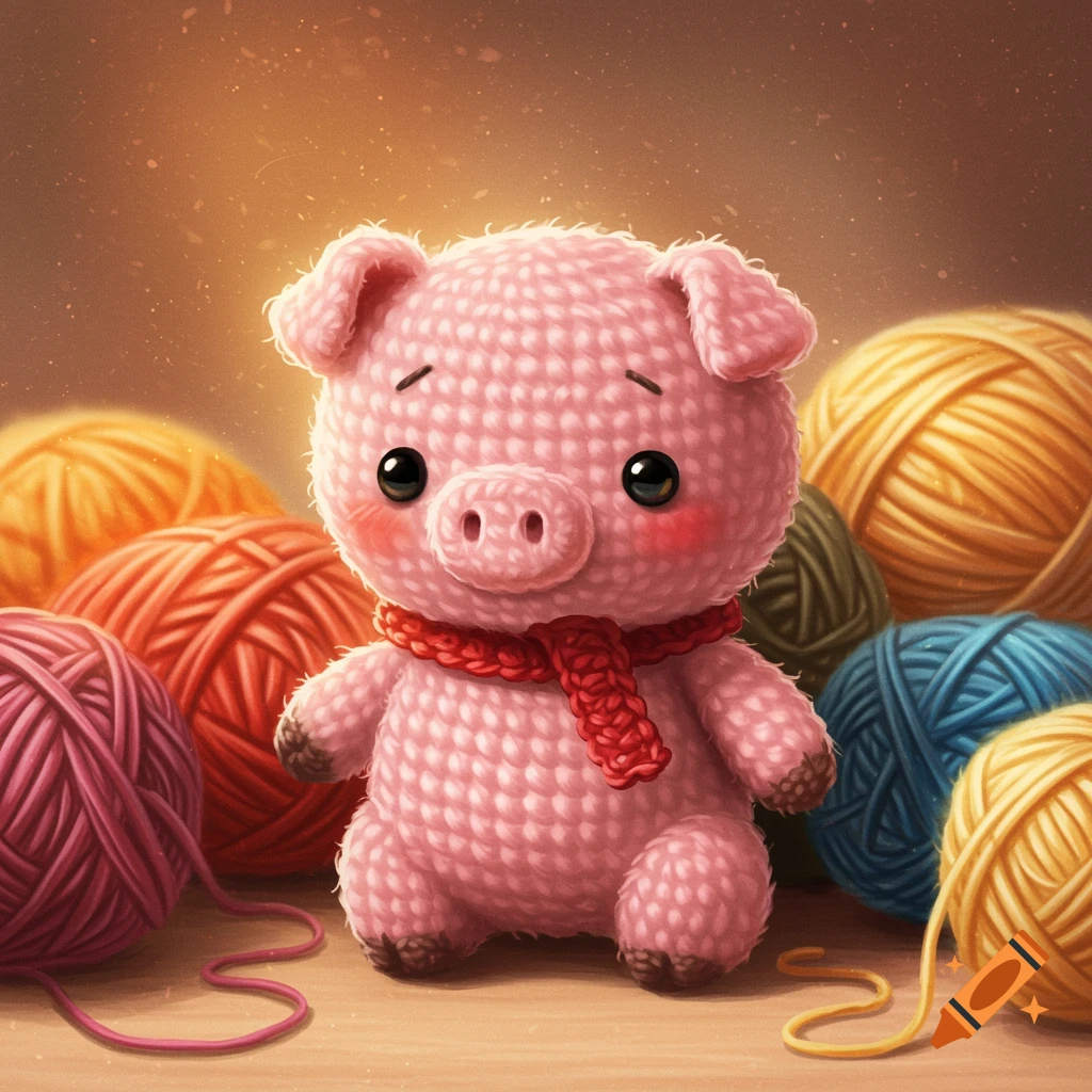 A cute pink crochet pig sits among colorful balls of yarn