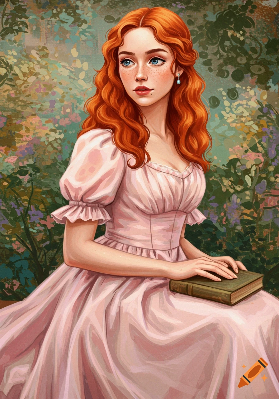 Illustration of a red-haired woman in a pink dress holding a book in a garden.