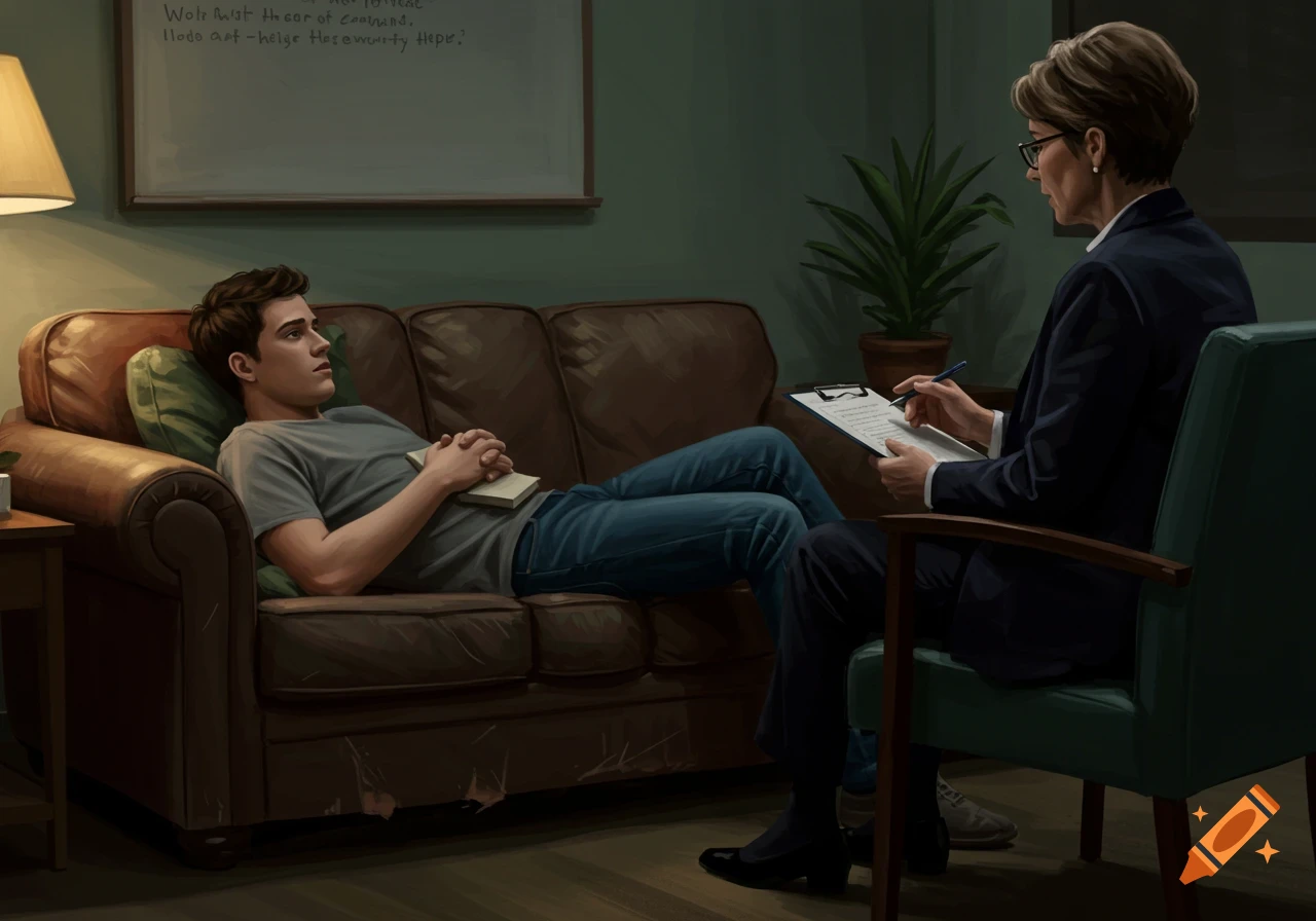 Illustrative image of a young man lying on a sofa talking to a psychologist taking notes.