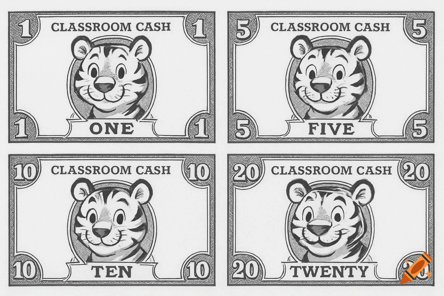Four black and white classroom currency notes with a cartoon tiger face