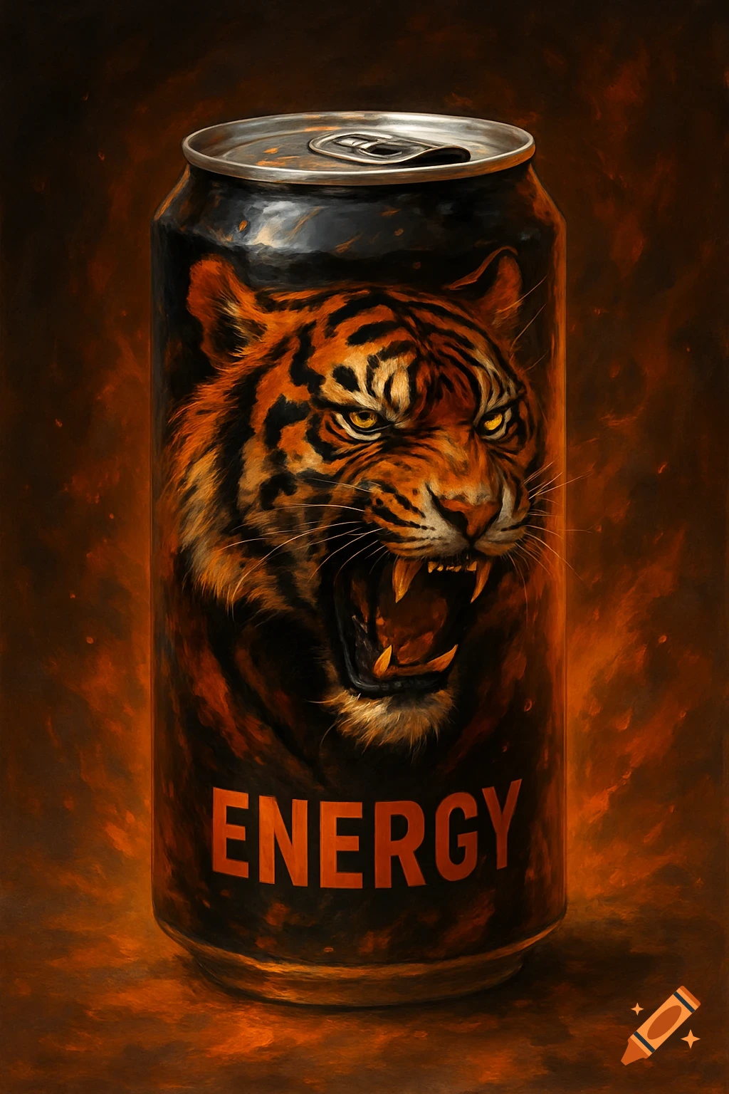 Illustration of a black energy drink can with a tiger face on it and text 'ENERGY' against a fiery background.