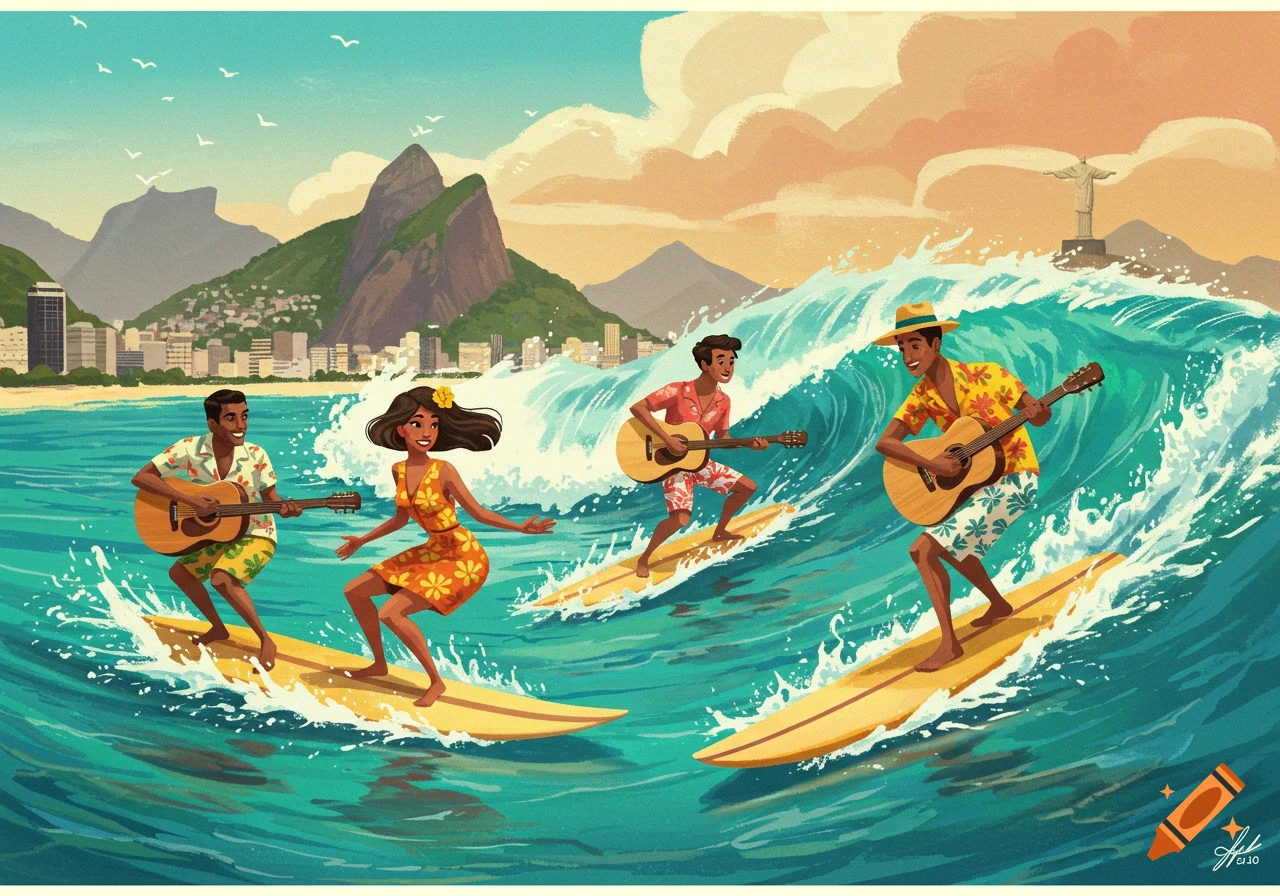 Stylized illustration of a bossa nova band surfing a wave in Rio de Janeiro with Sugarloaf Mountain and Christ the Redeemer.