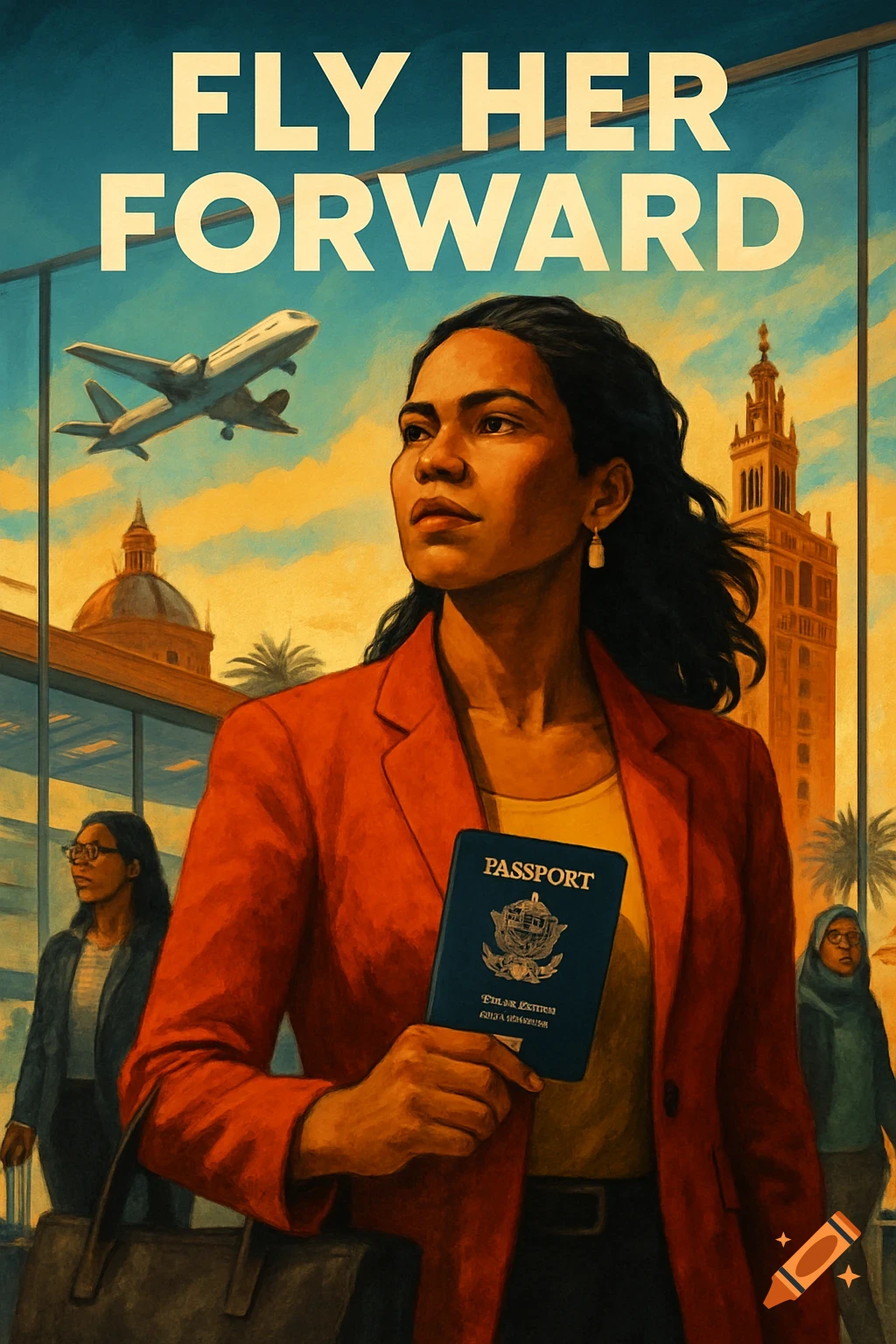 Illustration of a woman with a passport in an airport, text reads 'FLY HER FORWARD'.