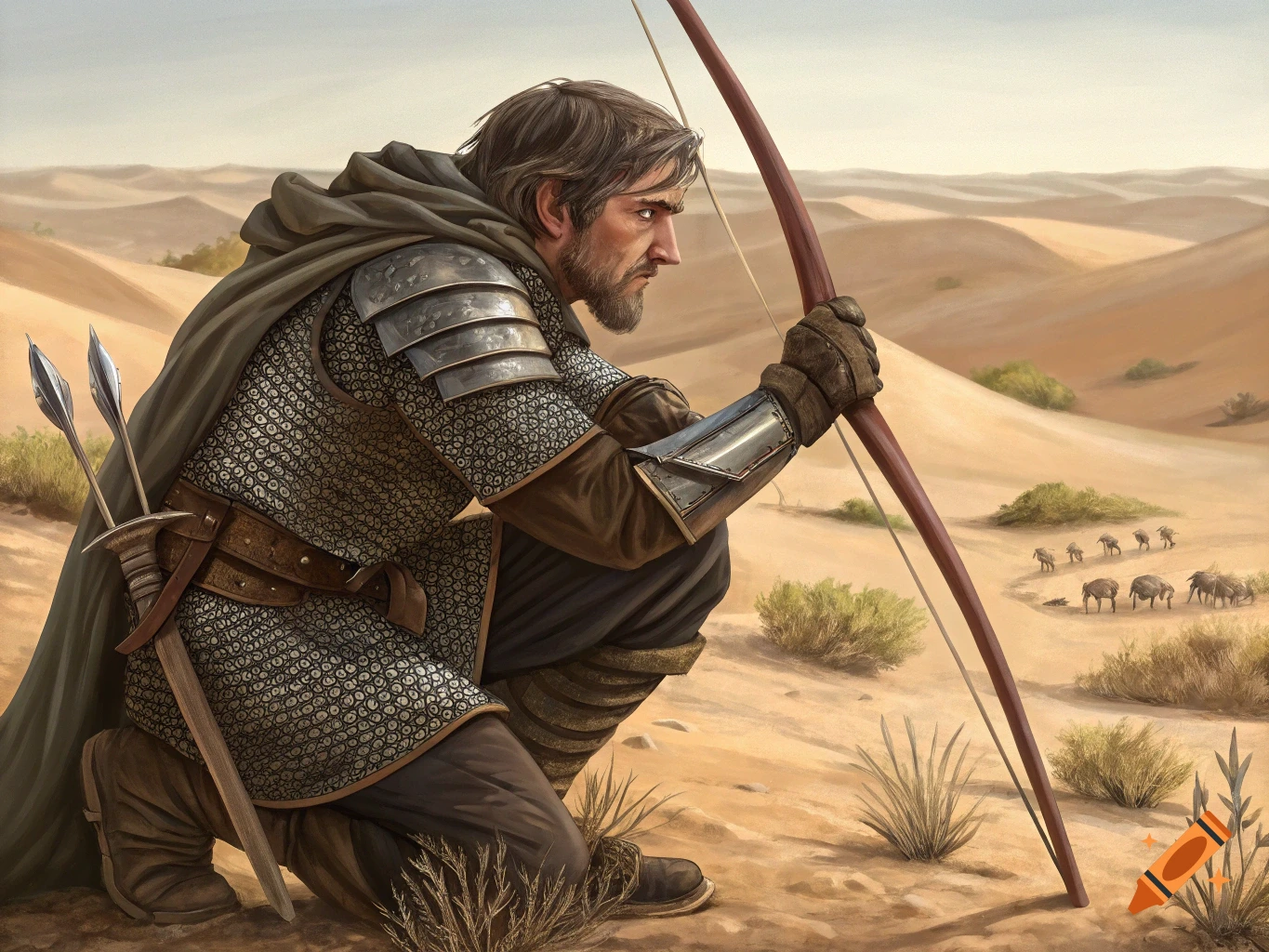 Man in scale mail armor with a long bow crouches in a desert landscape.