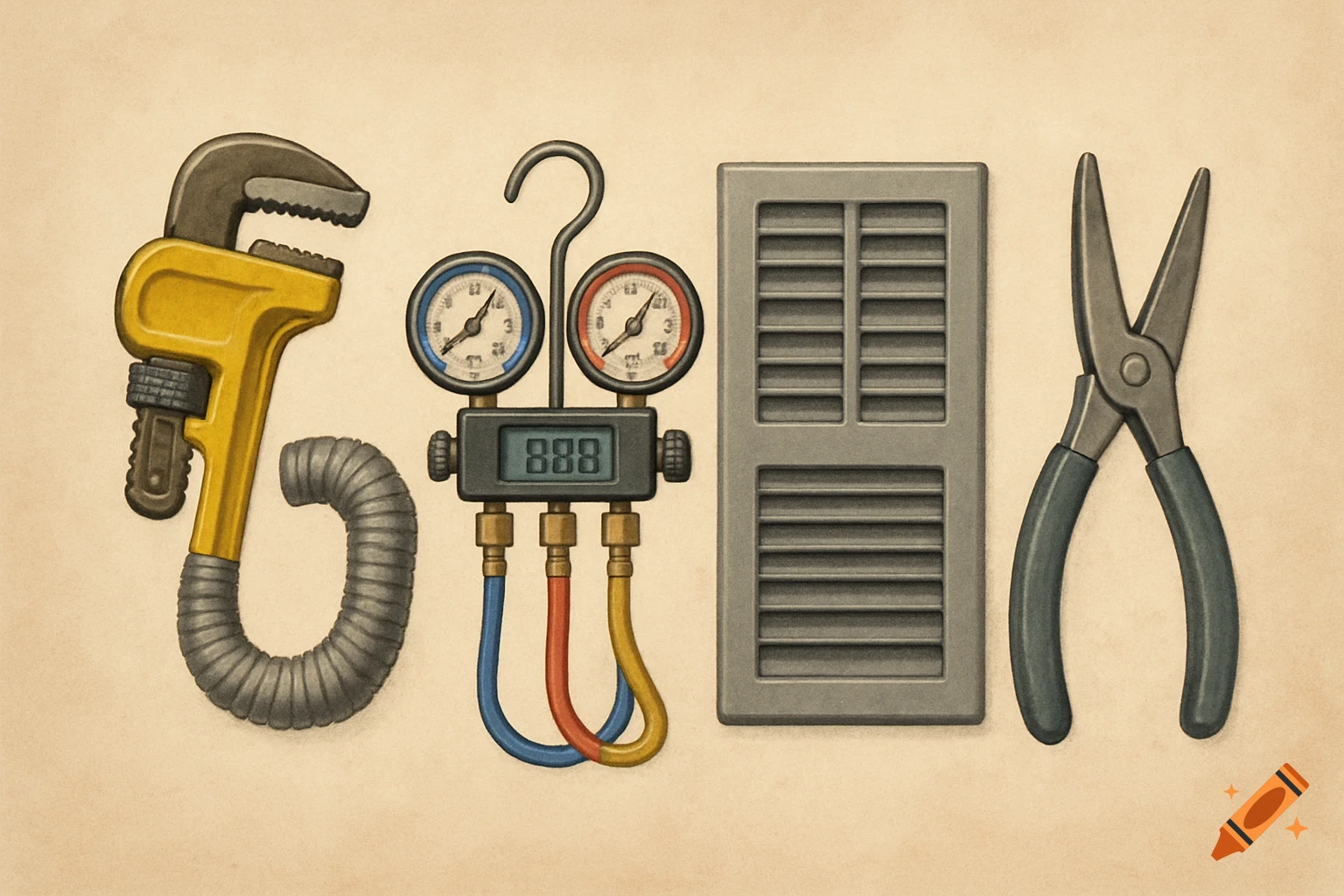 Illustration of HVAC tools including a wrench, gauges, vent, and pliers arranged to spell out G A B E.
