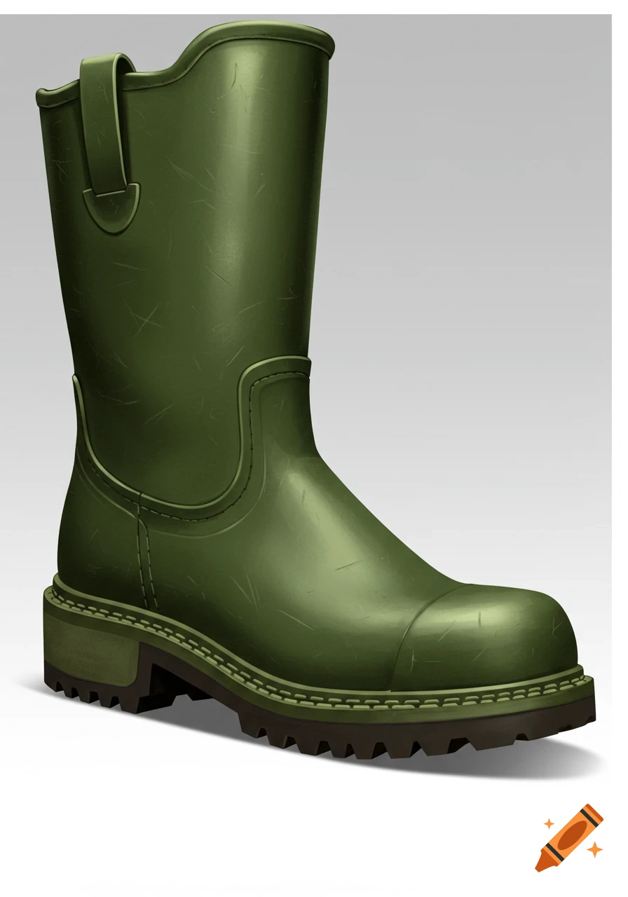 Detailed illustration of a single green rubber work boot.