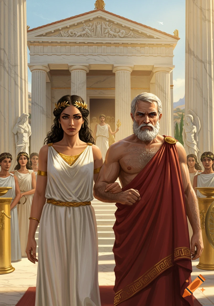 A man and woman in ancient Greek attire stand in front of a temple.