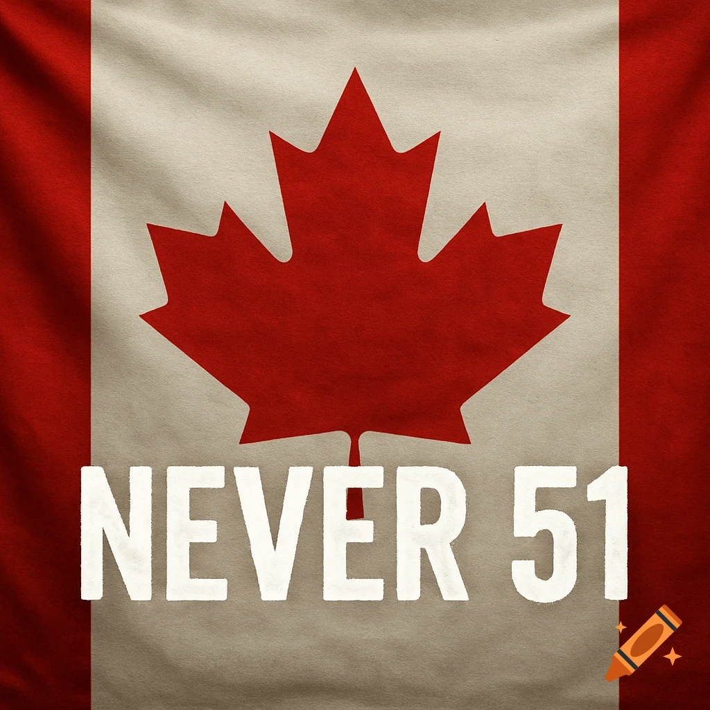 Canadian flag with the text NEVER 51.