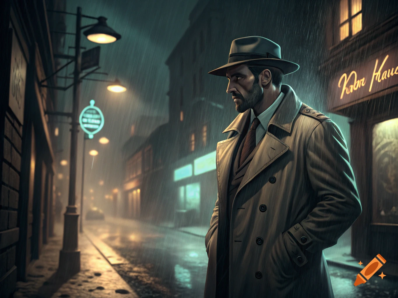 Man in trench coat and hat standing in rainy city street at night, film noir style.