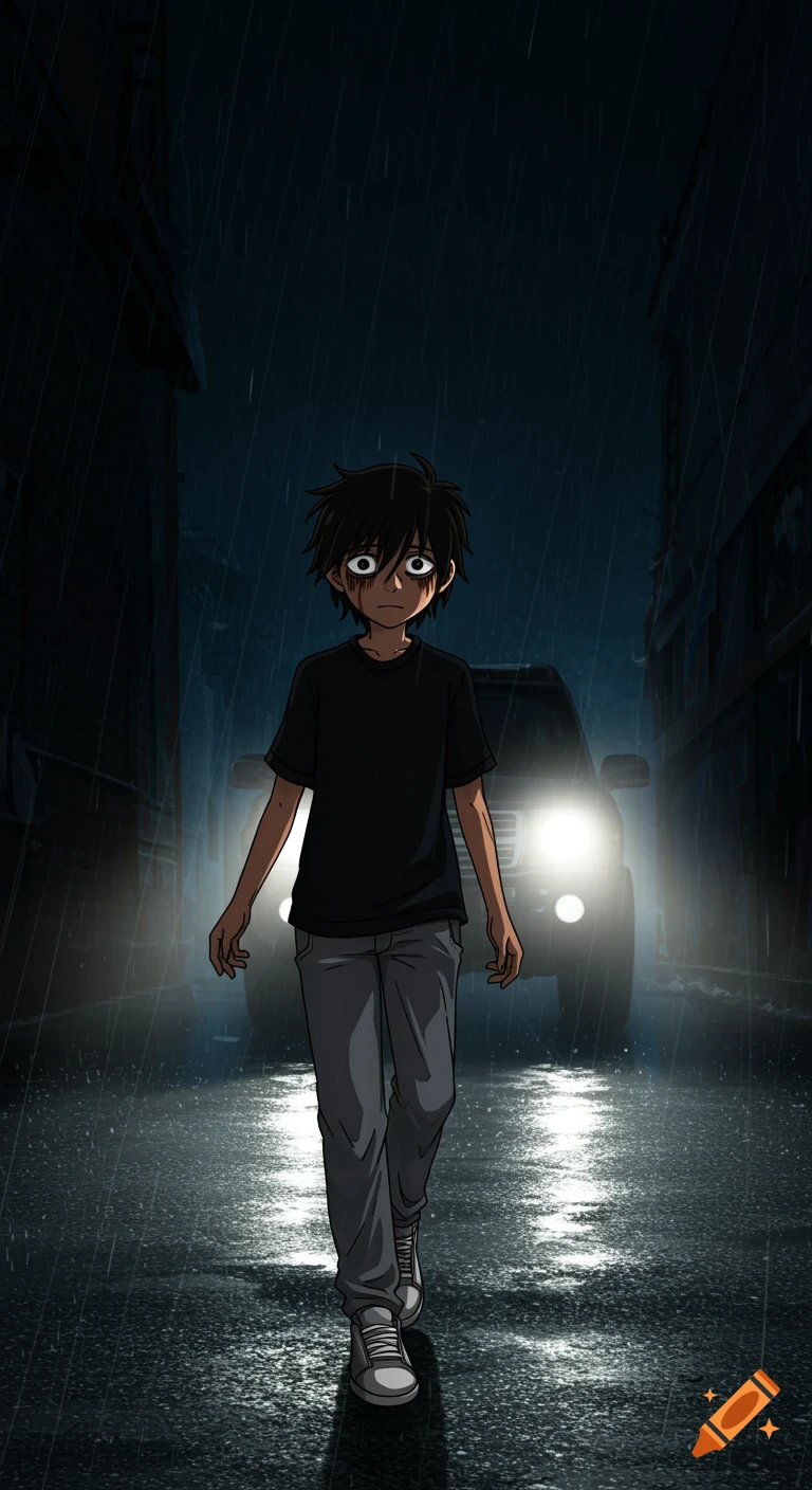 Anime character walking in a dark, rainy alley with car headlights behind them