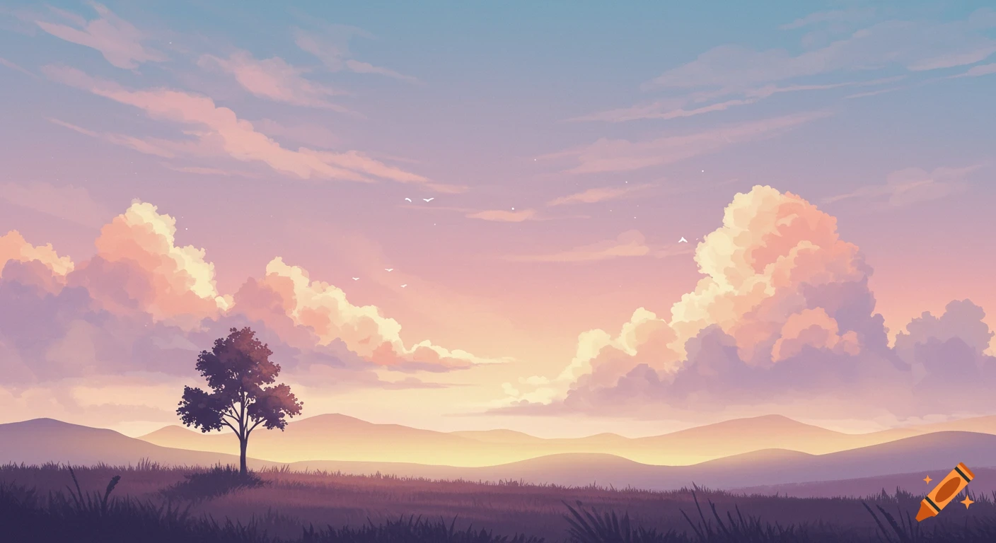 Anime style landscape with a tree at sunset, featuring large pink and orange clouds and rolling hills.