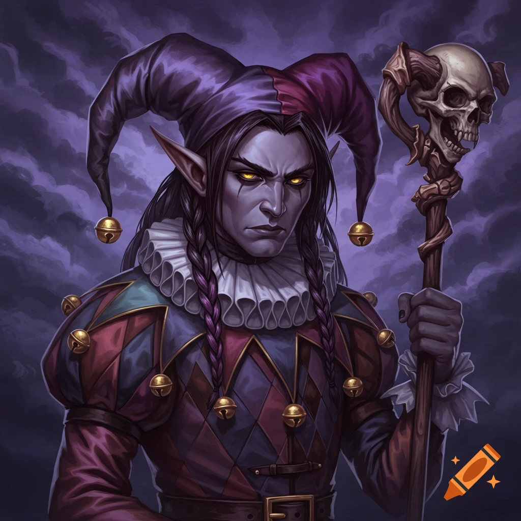 Frowning dark elf jester with yellow eyes, wearing a purple and red outfit and jester hat, holding a skull staff. Fantasy illustration.