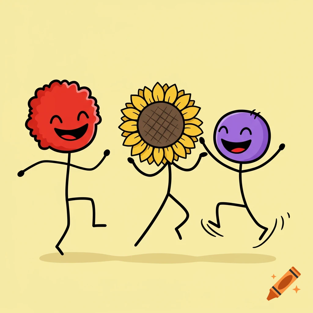 Three cartoon stick figures with red curly, sunflower, and purple heads dancing happily on a yellow background.