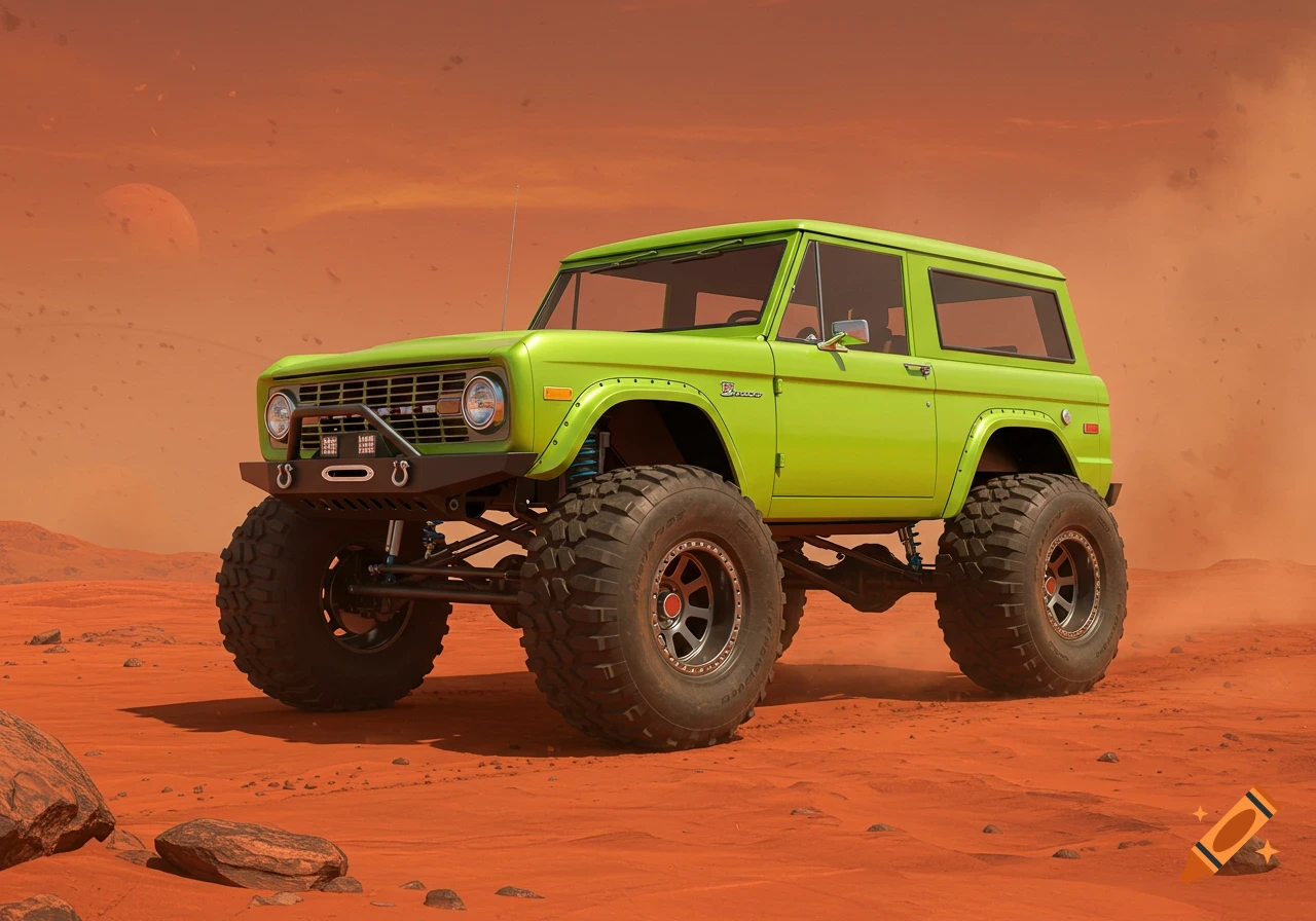 A bright green Ford Bronco with large tires on the red landscape of Mars.