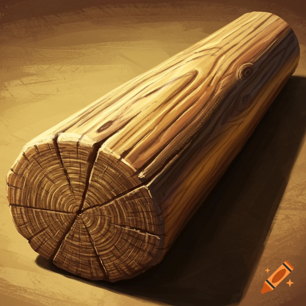 A wooden log lying down, showing the grain and cut end with growth rings.