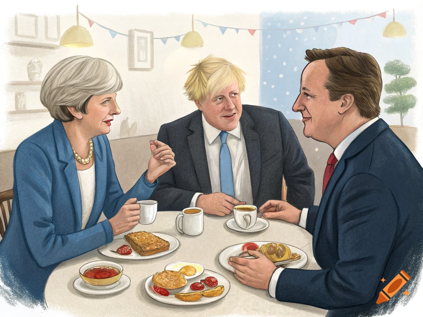 Illustration of Theresa May, Boris Johnson, and David Cameron having breakfast