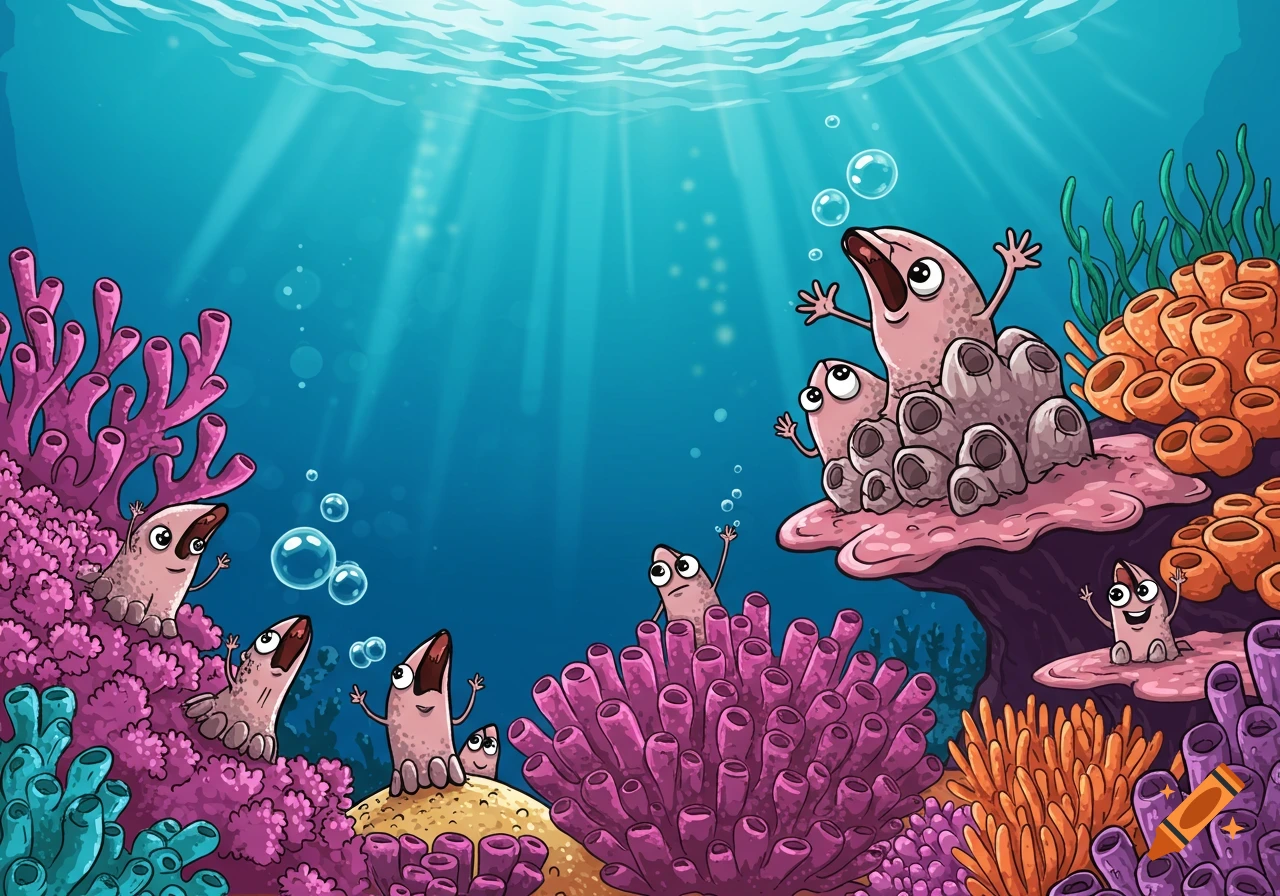 Cartoon sea creatures emerge from colorful coral formations underwater, with sunlight streaming down.