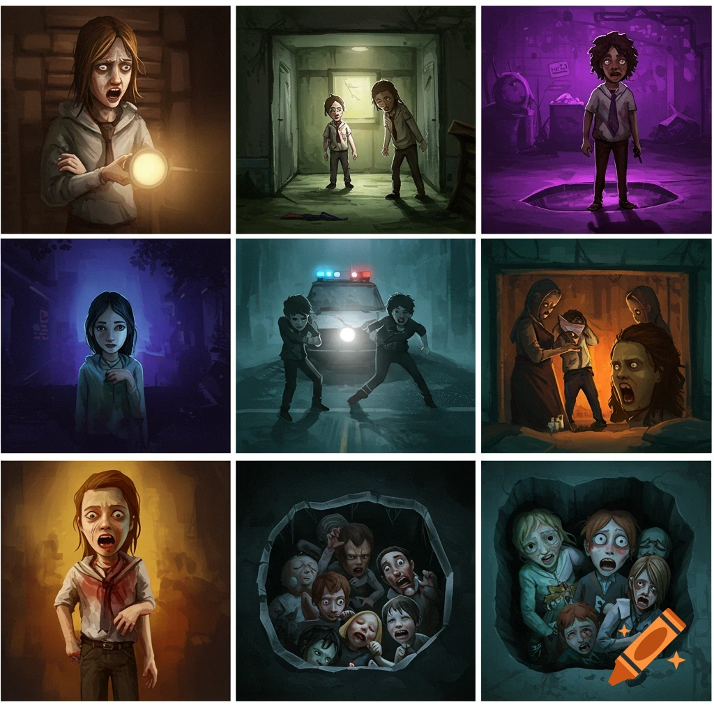 Illustrated grid depicting scary scenes during a zombie apocalypse.