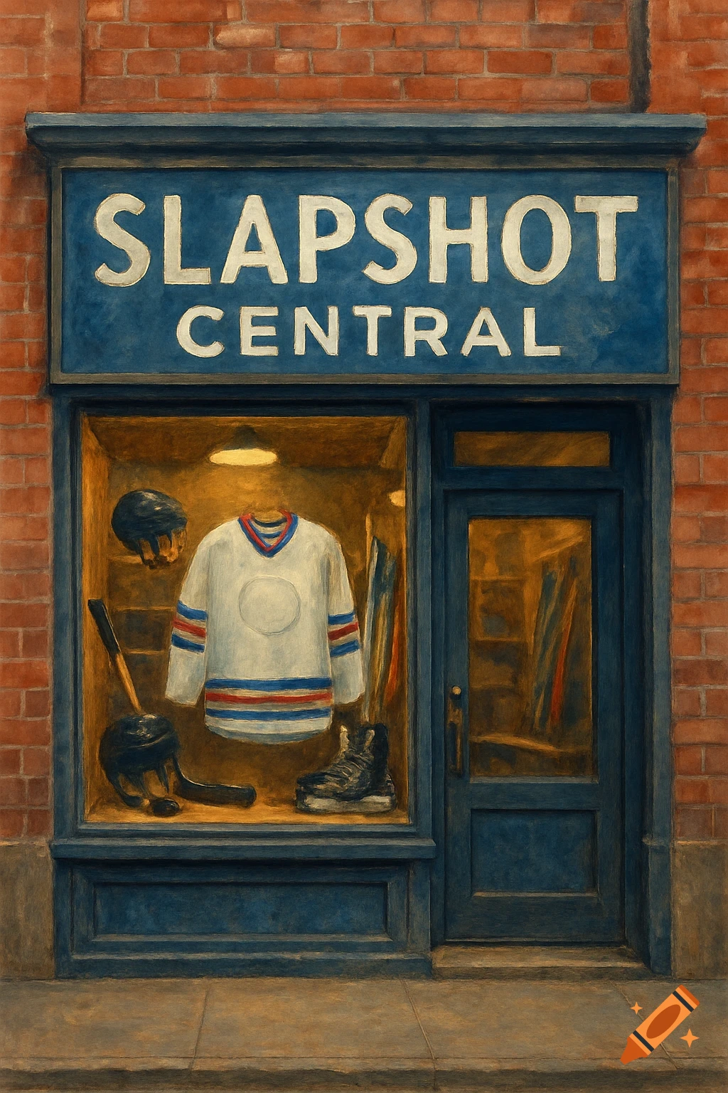 A storefront for 'SLAPSHOT CENTRAL' selling hockey equipment. Painterly style.