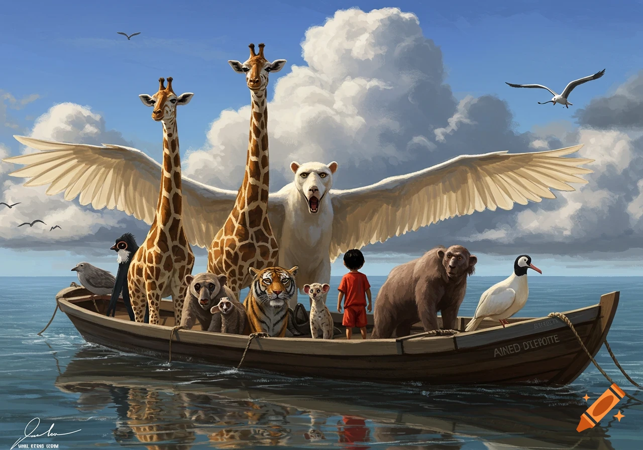 Animals and a child in a boat, including giraffes, tiger, bears, birds, and a winged creature, on the sea under a cloudy sky.