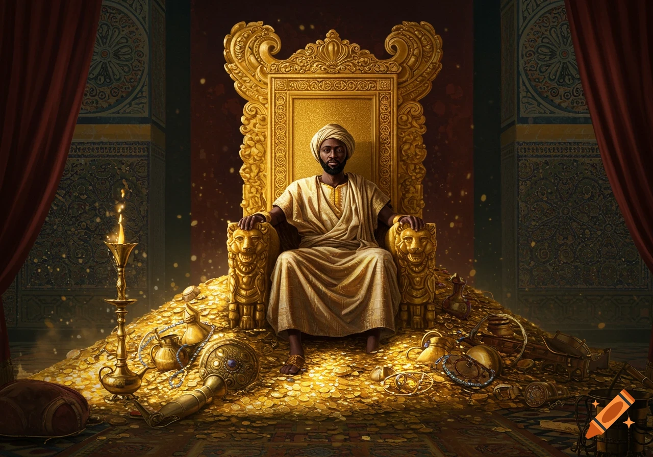 A king sits on a giant golden throne surrounded by a large pile of gold coins and treasure.