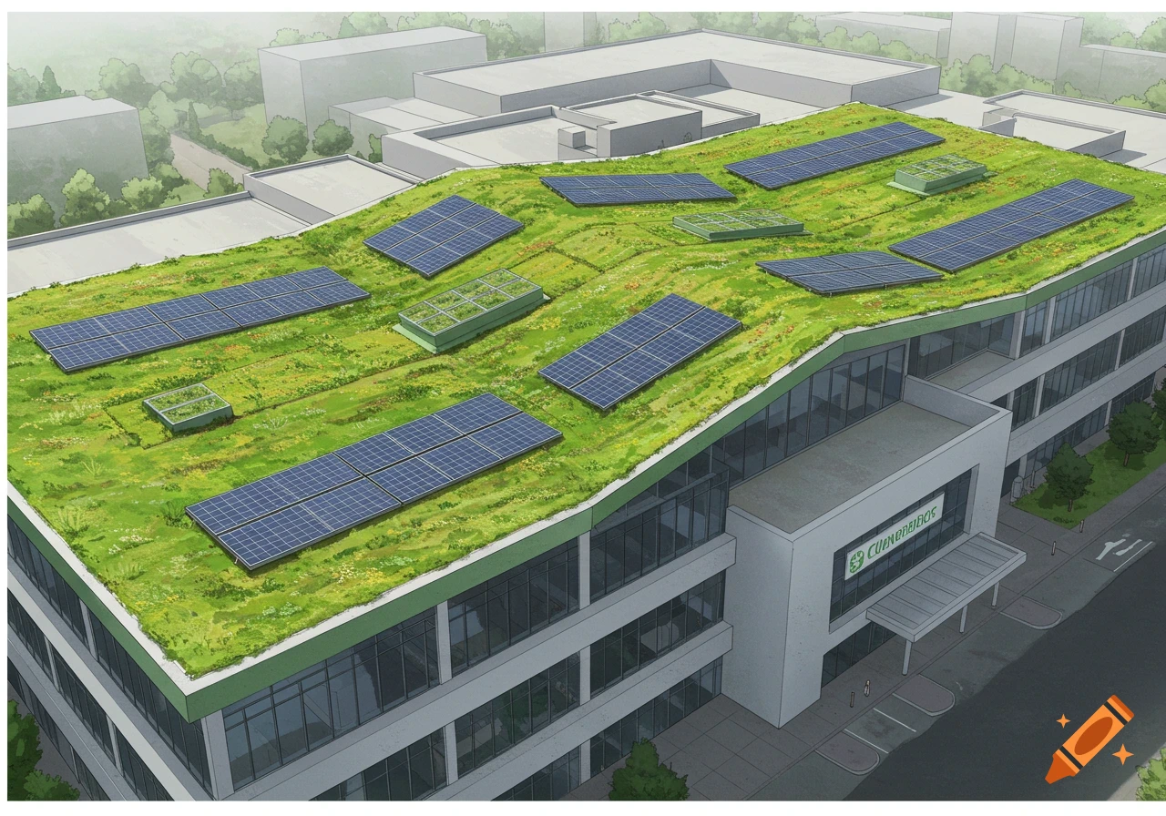 Illustrative aerial view of a medical centre building with a green roof covered in solar panels.