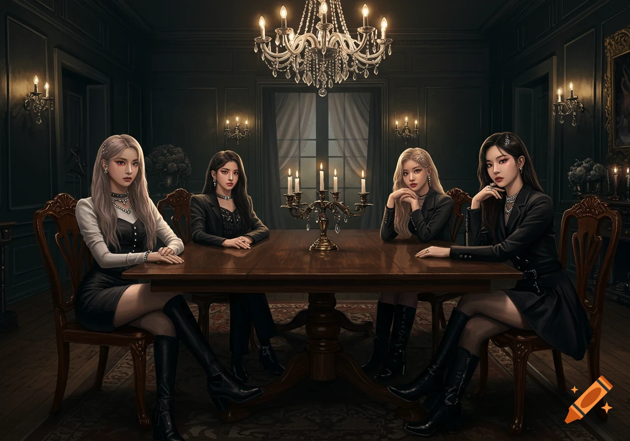 Four young women sit at a table in a dark mansion, dressed in stylish dark outfits.