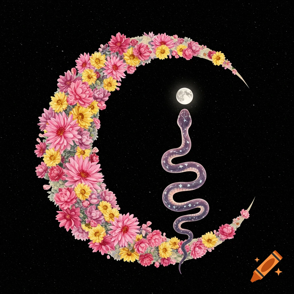 Floral crescent moon with a starry snake looking at a full moon on a dark background, illustration style.