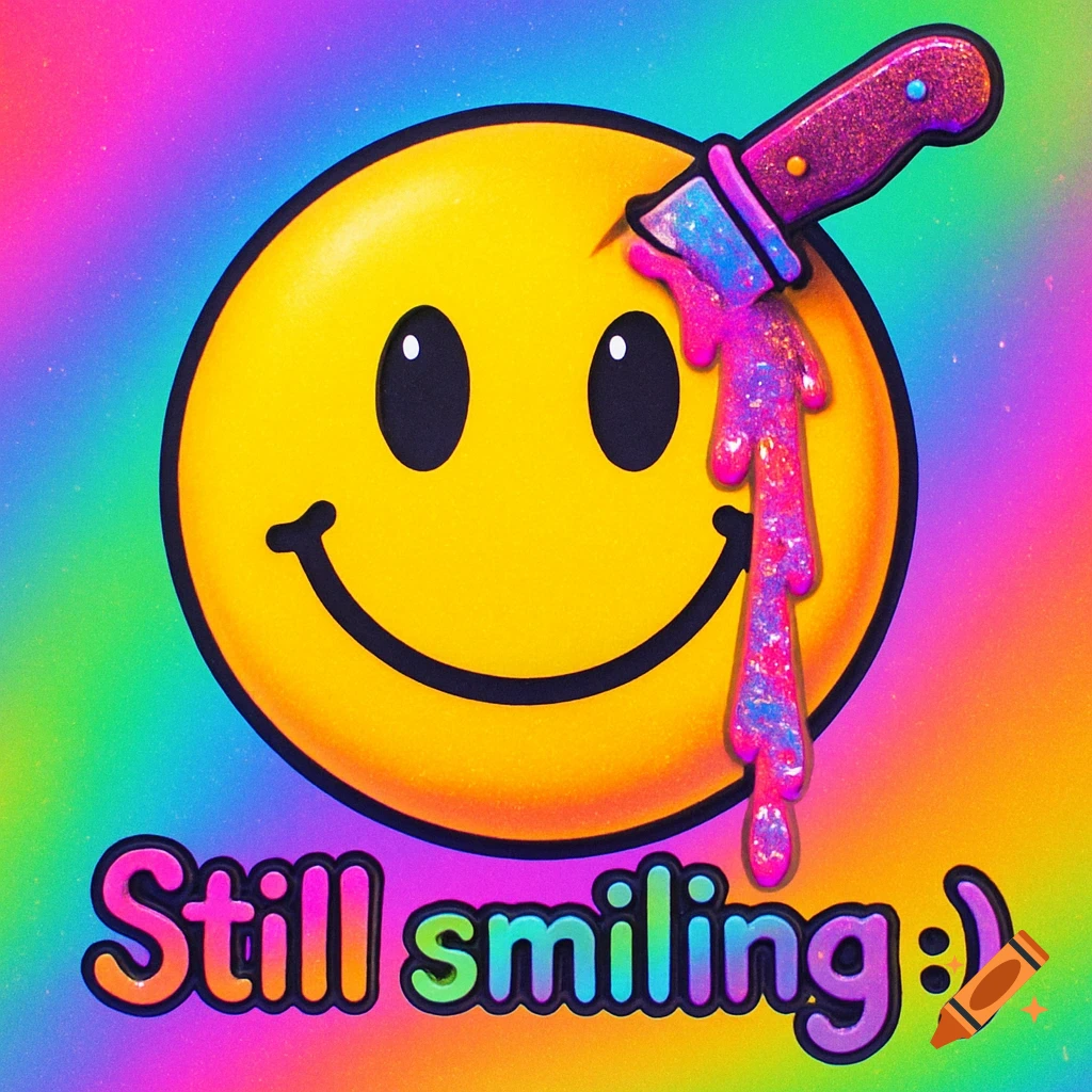 A yellow smiley face with a knife in its head dripping glitter, on a psychedelic background, with the caption 'Still smiling :)'