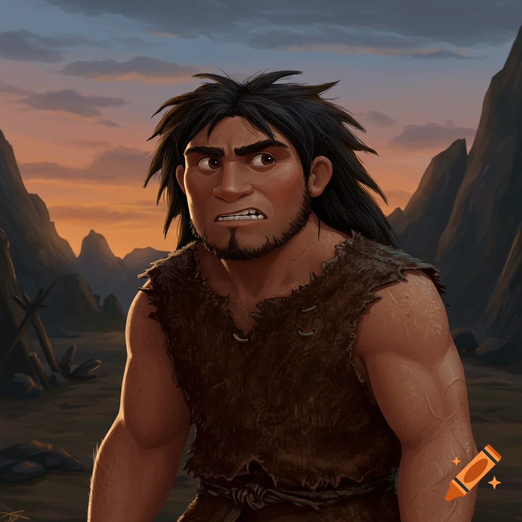 Cartoon portrait of a muscular caveman character with dark hair and beard, looking angry against a prehistoric landscape at sunset.