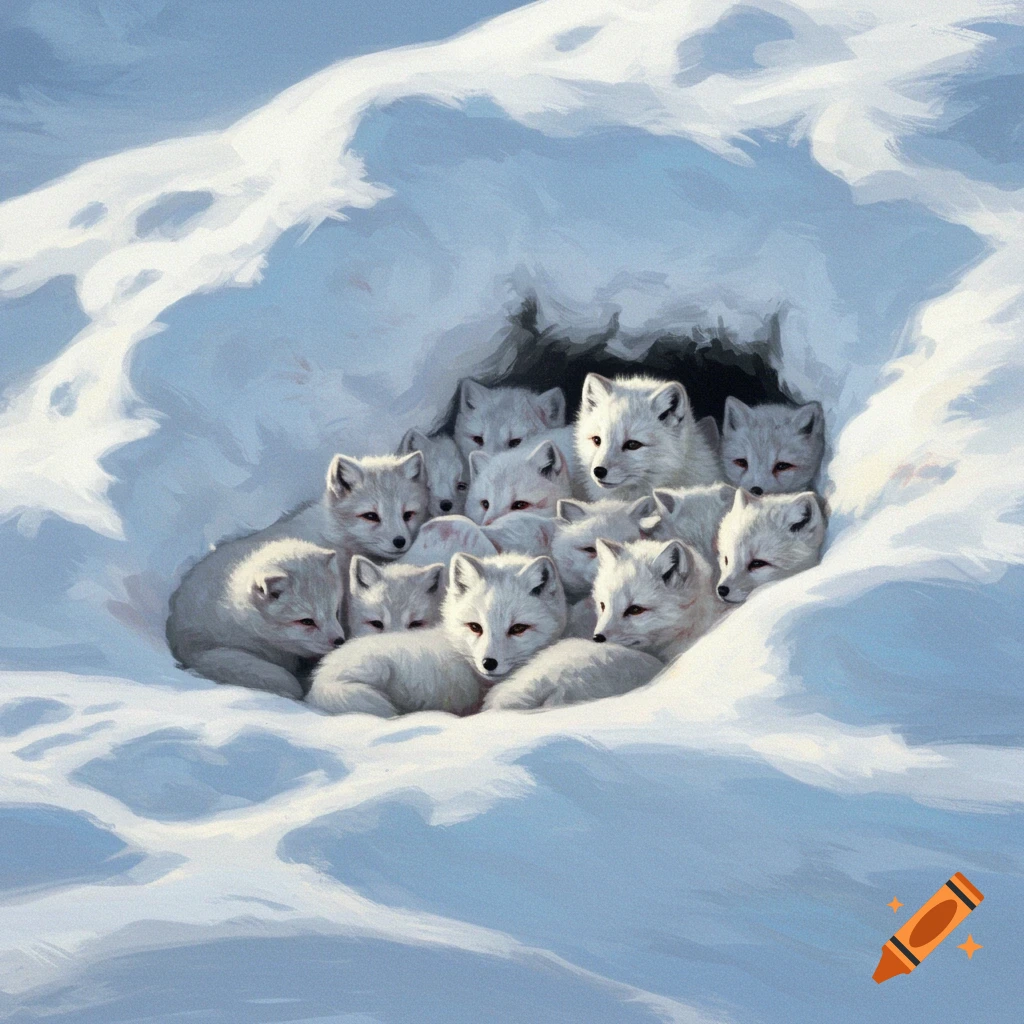 Arctic fox pups huddled together in a snowy den.
