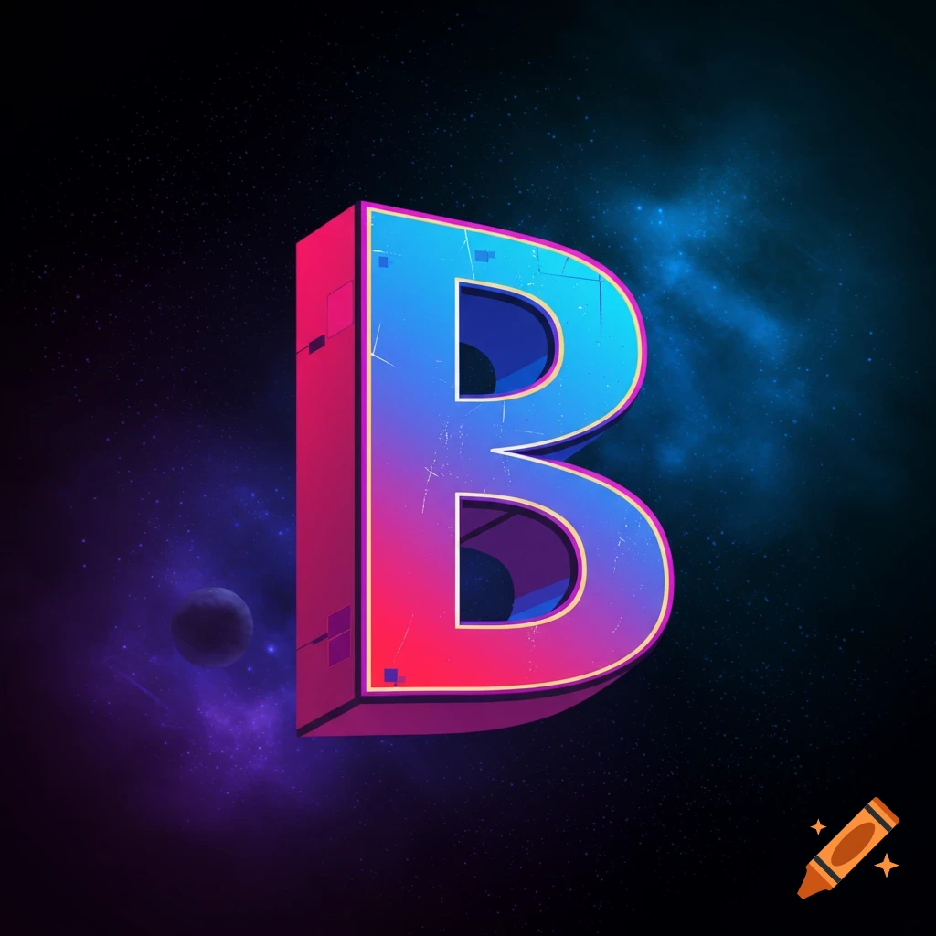 A stylized letter B against a space background.