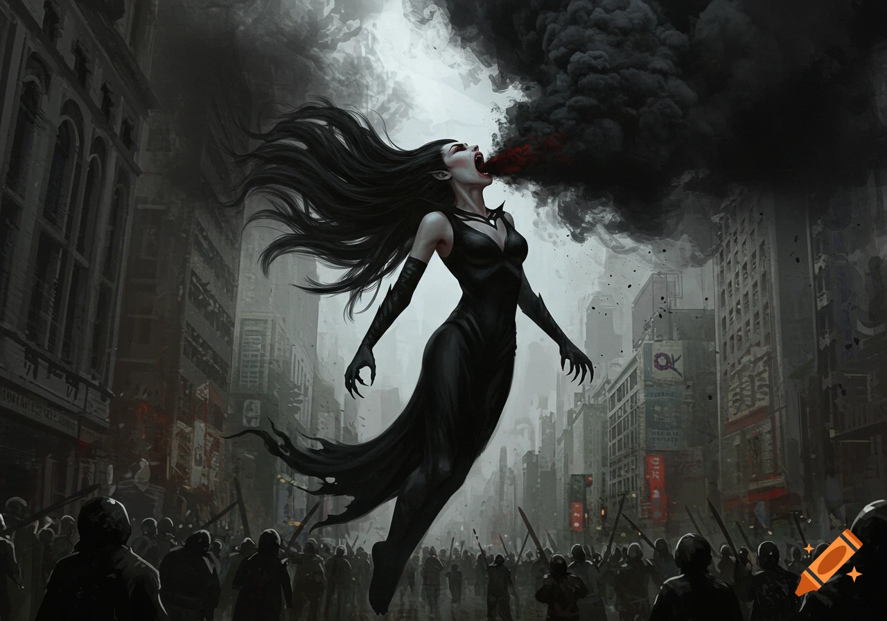 A dark fantasy illustration shows a vampiric woman floating above a city, exhaling black smoke. She has long hair and sharp claws.