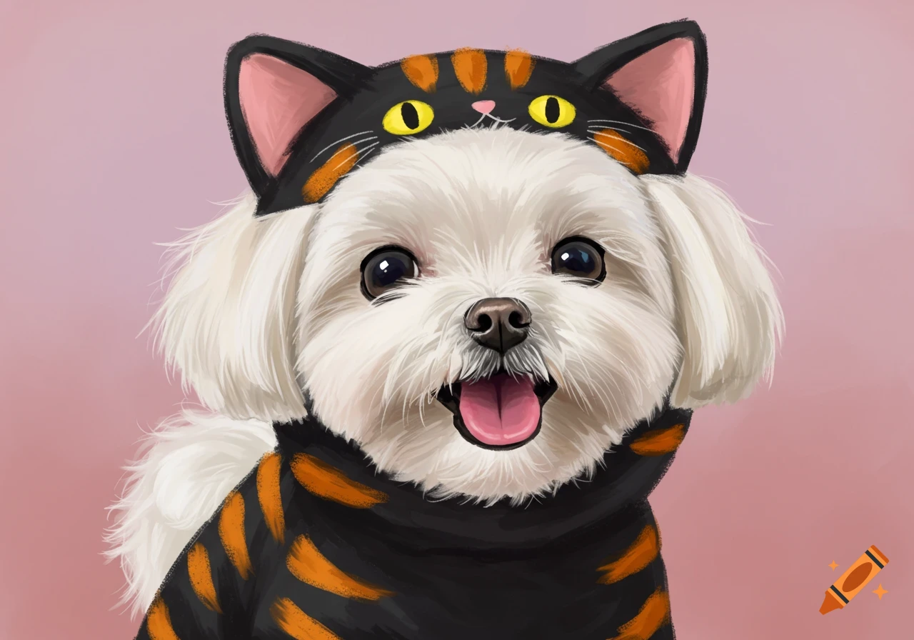 A cute white Maltese dog wears a black and orange striped cat costume with ears and eyes on the head.