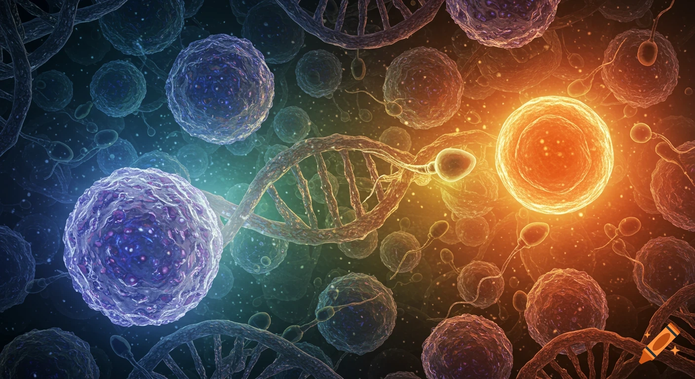 Microscopic view of DNA strands, sperm cells, and egg cells in a colorful, abstract style.