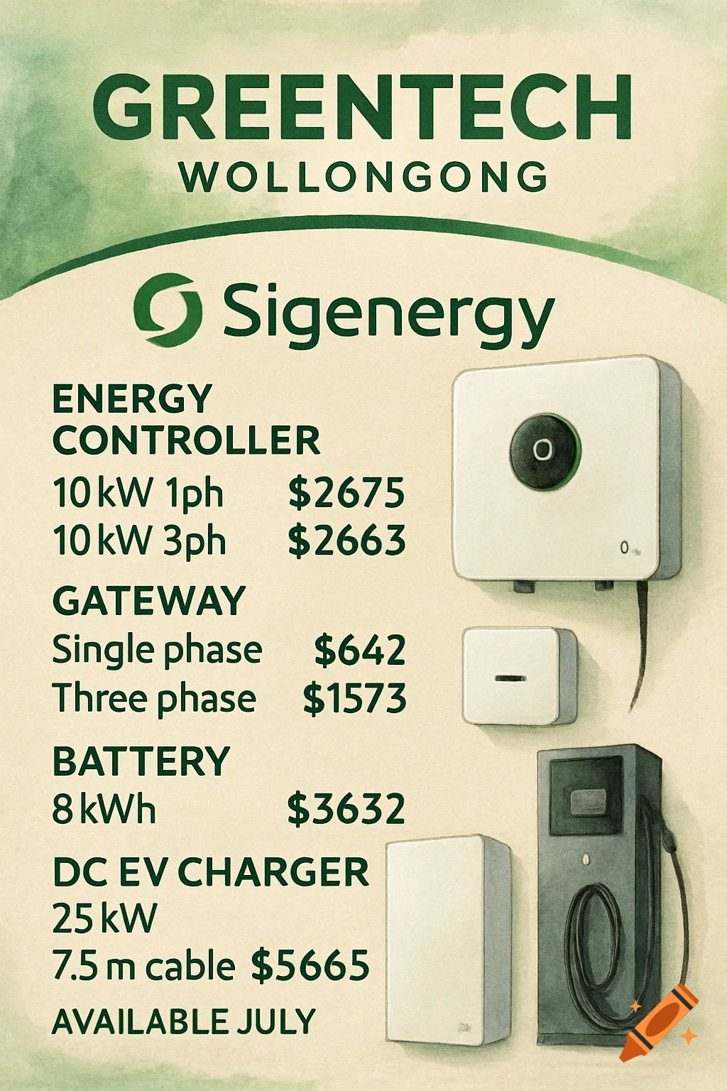 Illustrated flyer for Greentech Wollongong Sigenergy products with price list