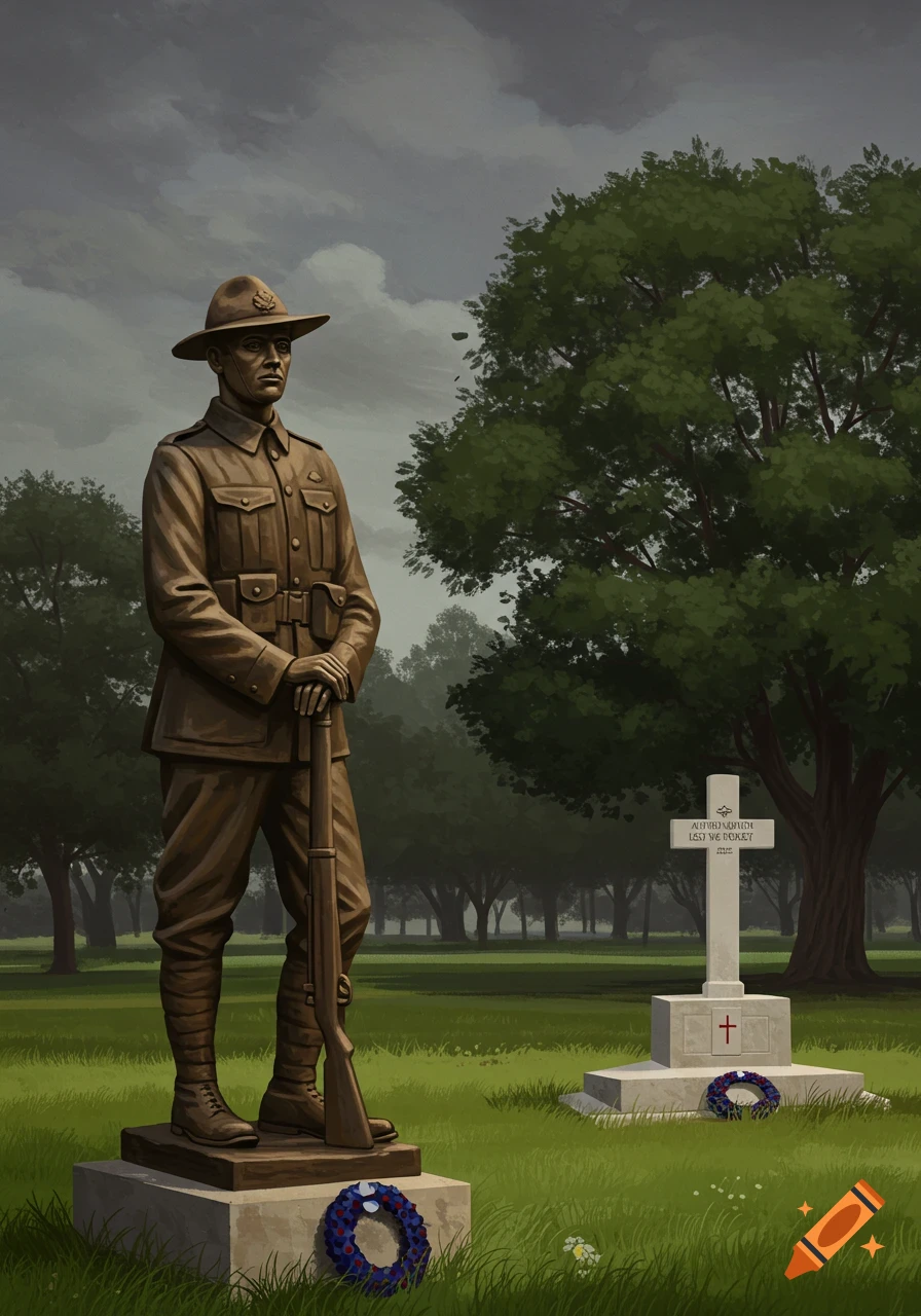 A statue of a WW1 soldier stands beside a grave marker with a cross and wreaths in a park.