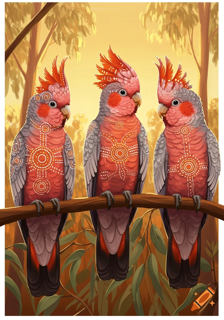 Three pink and grey galah cockatoos with Aboriginal art markings perch on a branch.