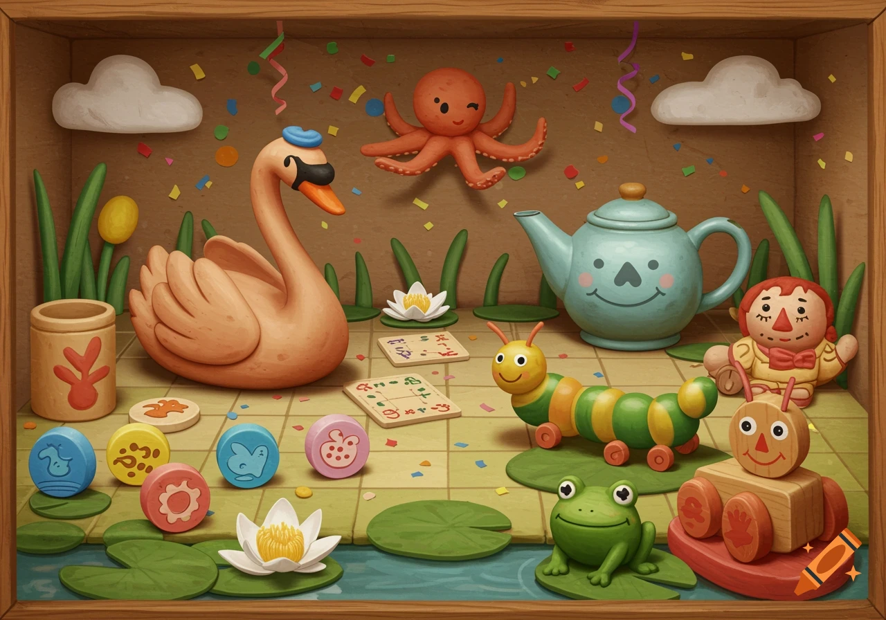 Claymation diorama of toys: swan, octopus, caterpillar, frog, teapot, doll, board game pieces, confetti, and clouds.