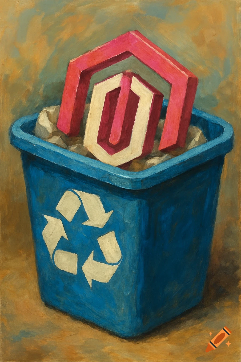 A red and white logo is placed inside a blue recycling bin with the recycle symbol on it. Painted style.